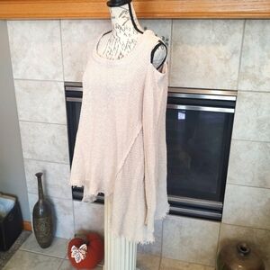 Kaisely XL Cold Shoulder Cream Sweater!  Baggy patchwork distressed
